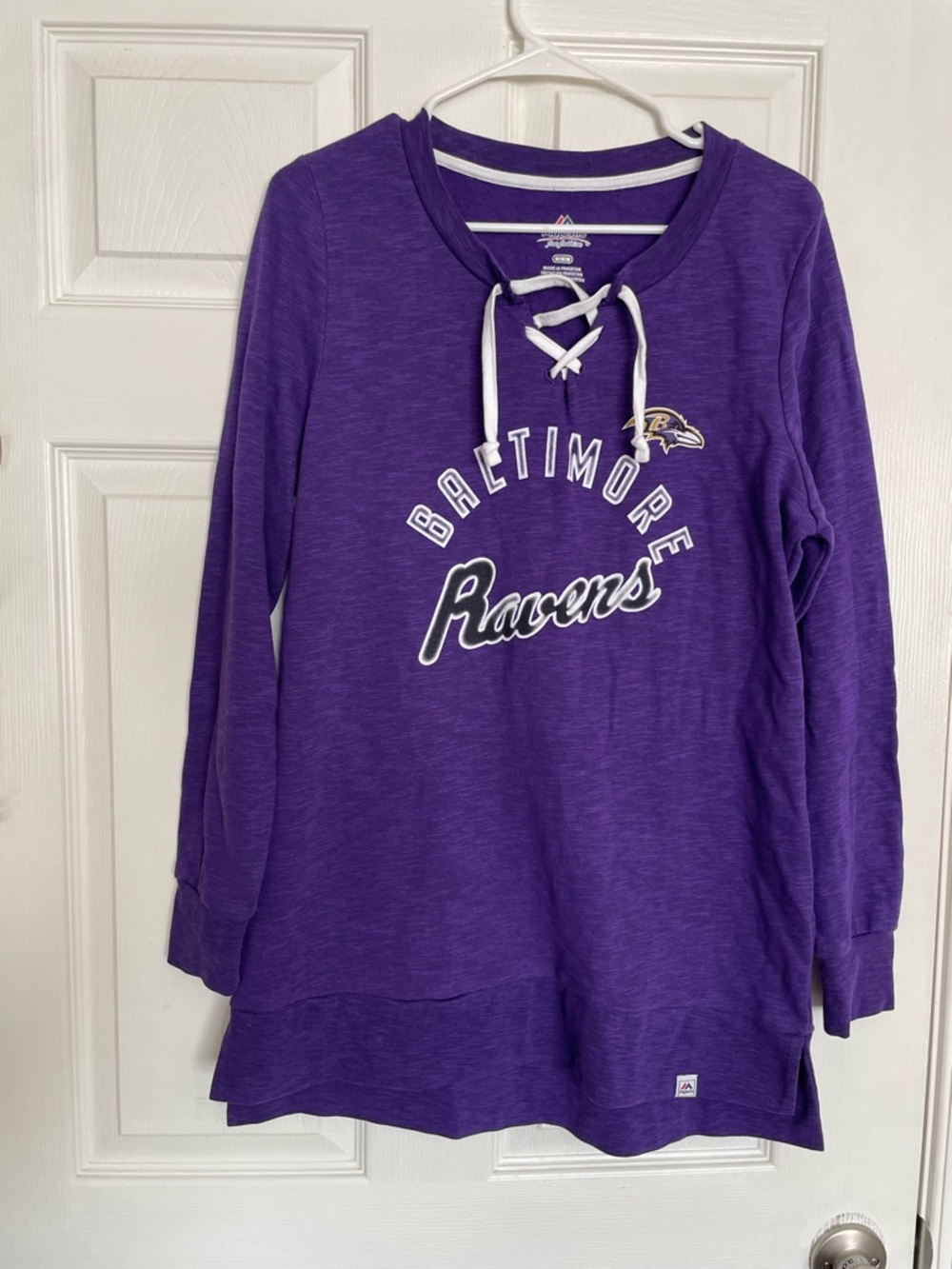 Majestic Ravens Purple Fan Fashion Long Shirt with White Trim Women’s Medium